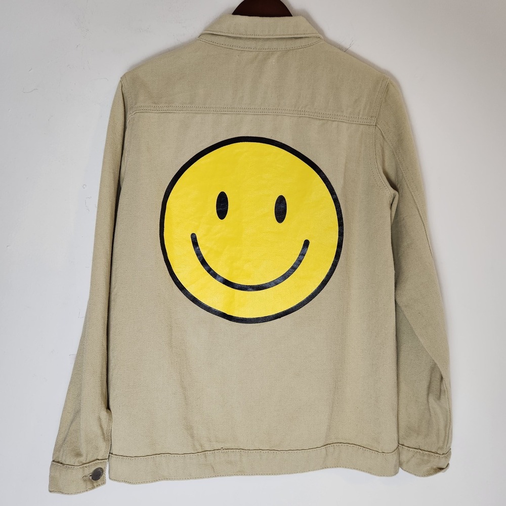 Fantastic Fawn Happy Smiley Face Denim Jacket Small Y2K Retro Streetwear Graphic